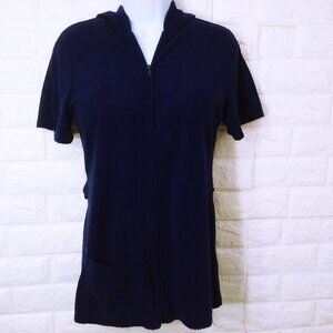 Vintage 70s Chantel of Cali Terry Cloth Hoodie Top Lady-S Pocket Zip Navy Beach